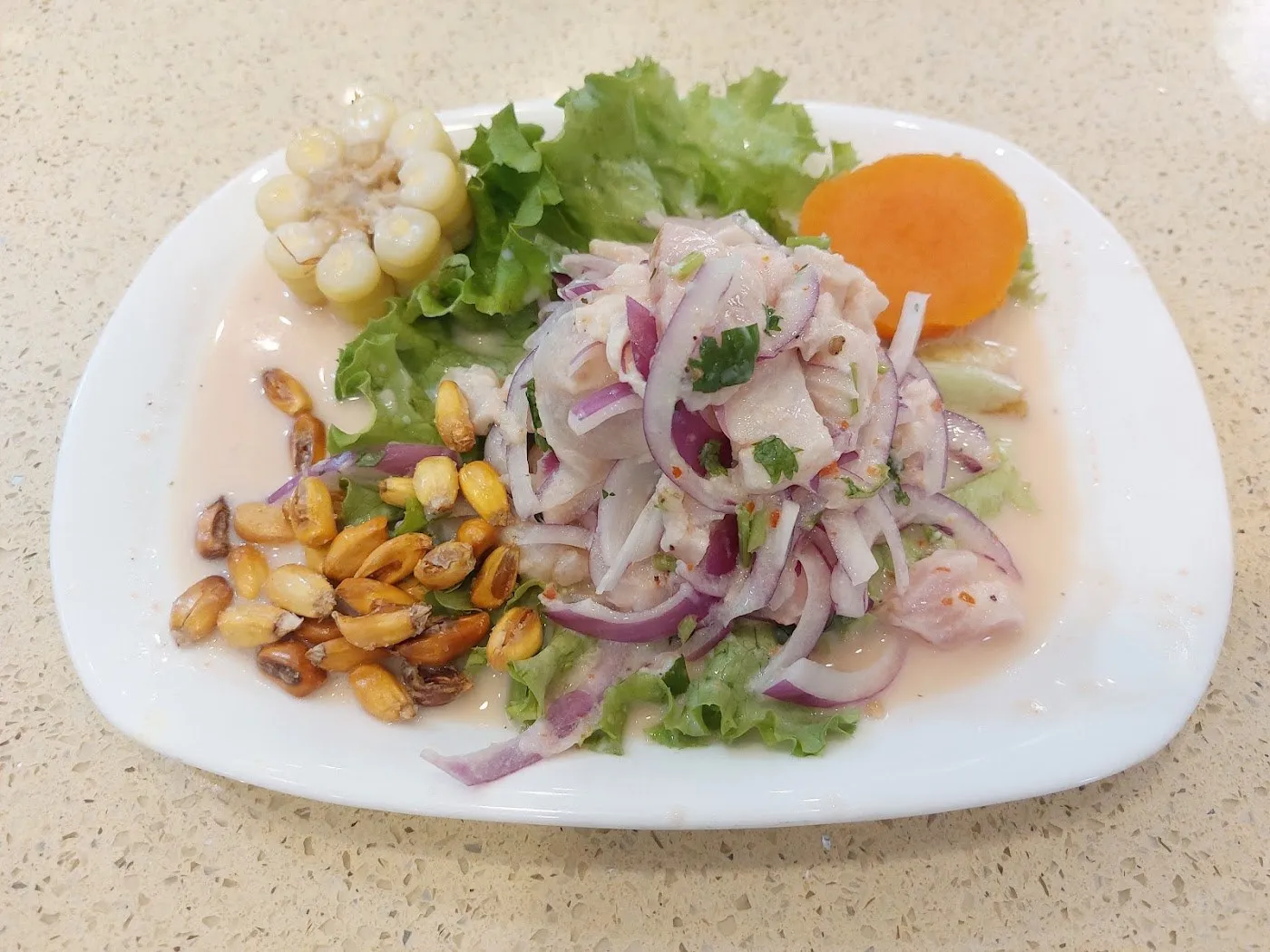 Ceviche de pescado con cebolla morada, choclo, boniato, cancha y lechuga en un plato blanco